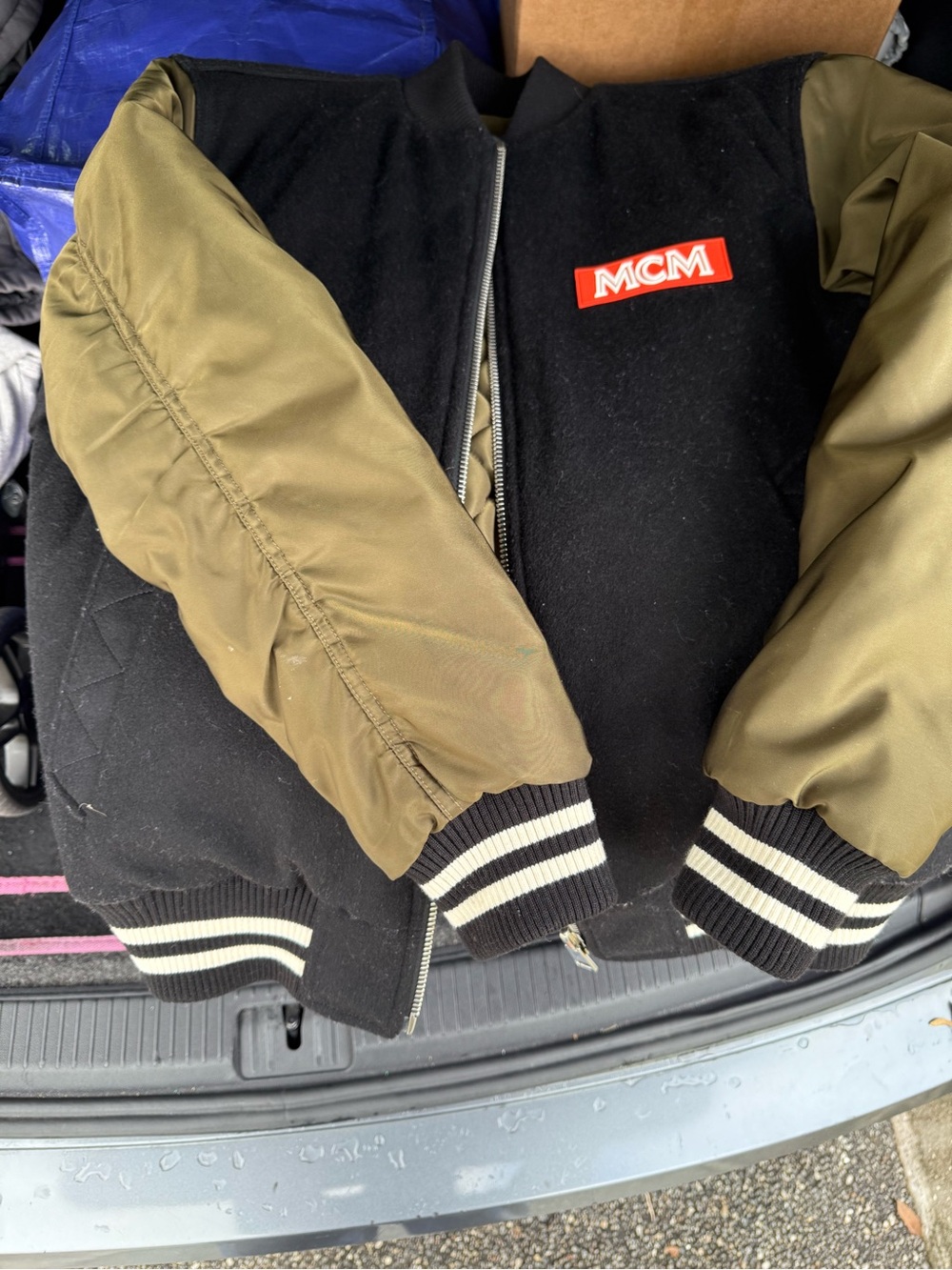 MCM Black and Olive Green Bomber Jacket with Red Logo